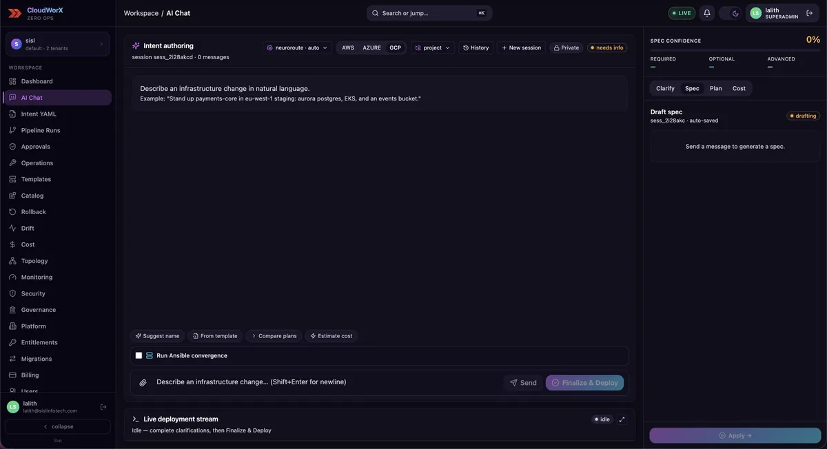 ZeroOps AI Chat: natural-language prompt on the left, live draft spec with confidence and clarifications on the right
